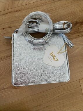 Silver Metallic Structured Top-Handle Bag